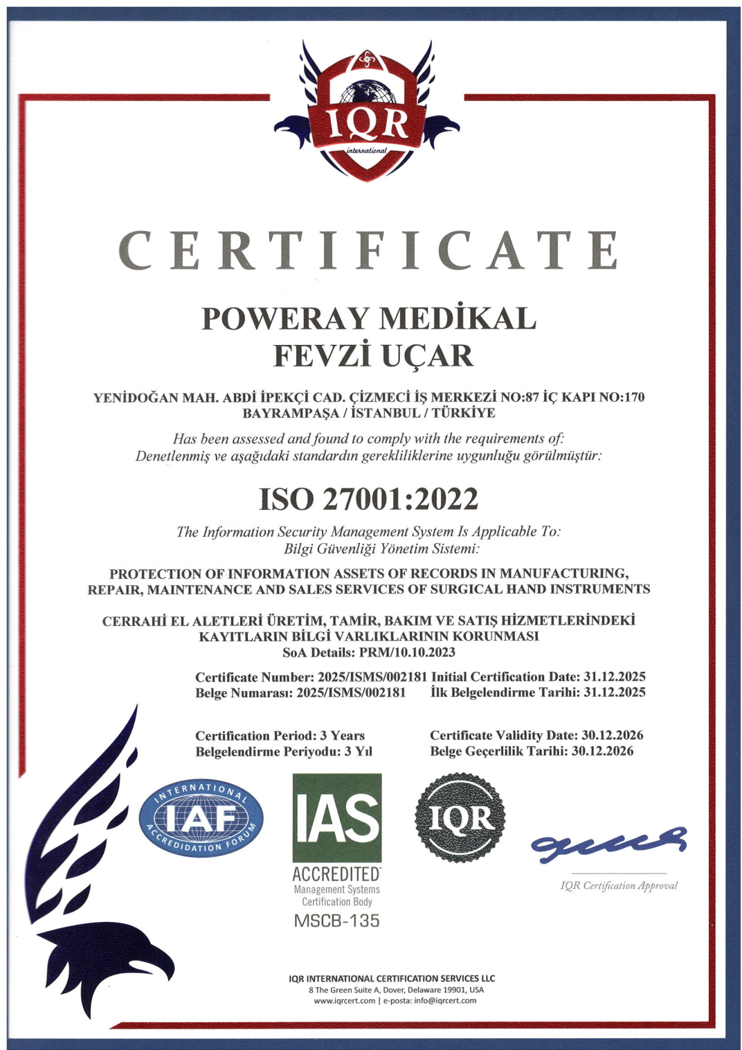 ISO 27001:2022 Bilgi Güvenliği Yönetim Sistemi belgesi önizlemesi