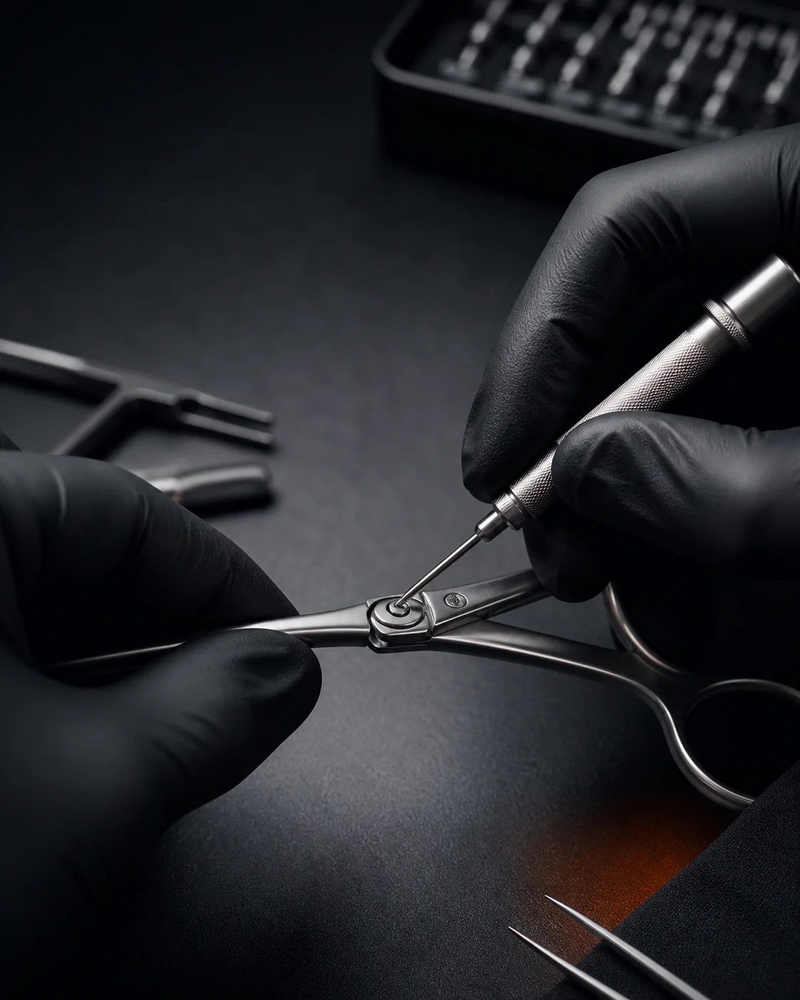 Cerrahi makas üzerinde bakım ve onarım işlemi